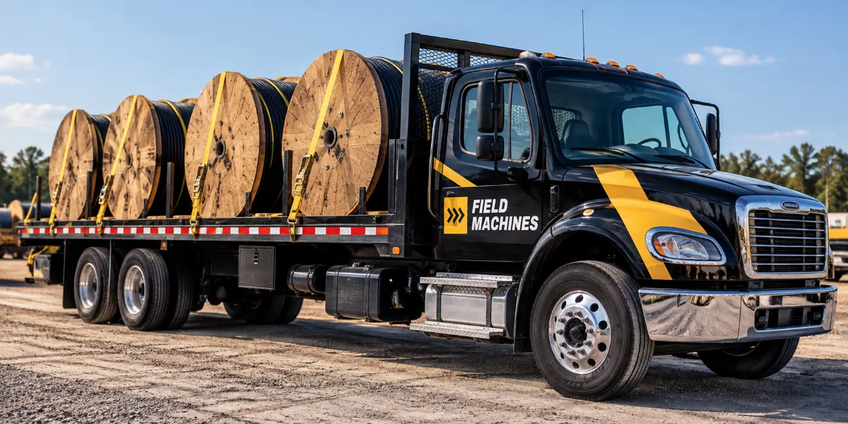 Black and yellow Field Machines cable truck carrying a fiber reel