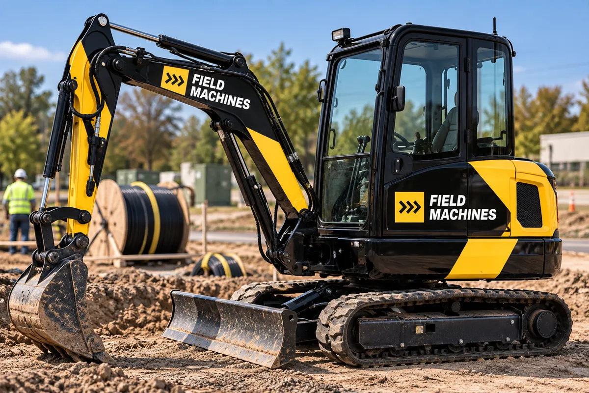 Field Machines mini-excavator beside fiber reels