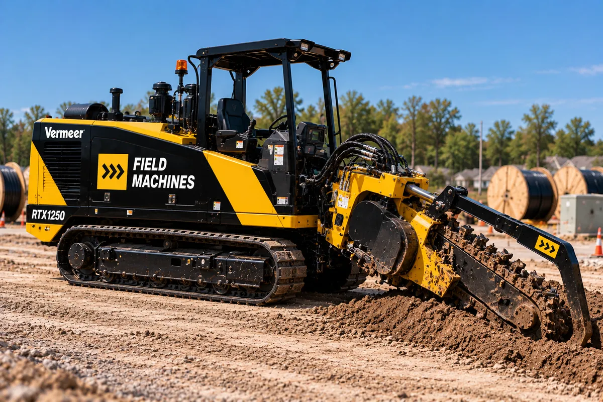 Field Machines ride-on trencher cutting a trench